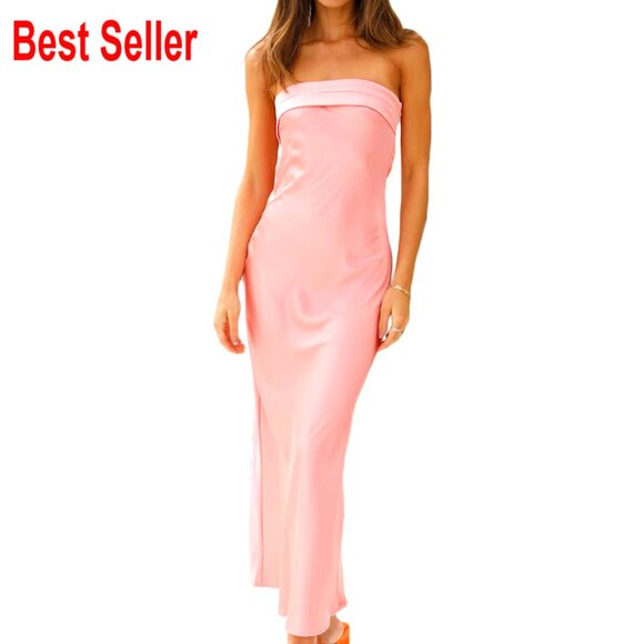 Satin Strapless Maxi Dress Elegant Formal Low Back Hollow Out Wedding Guest